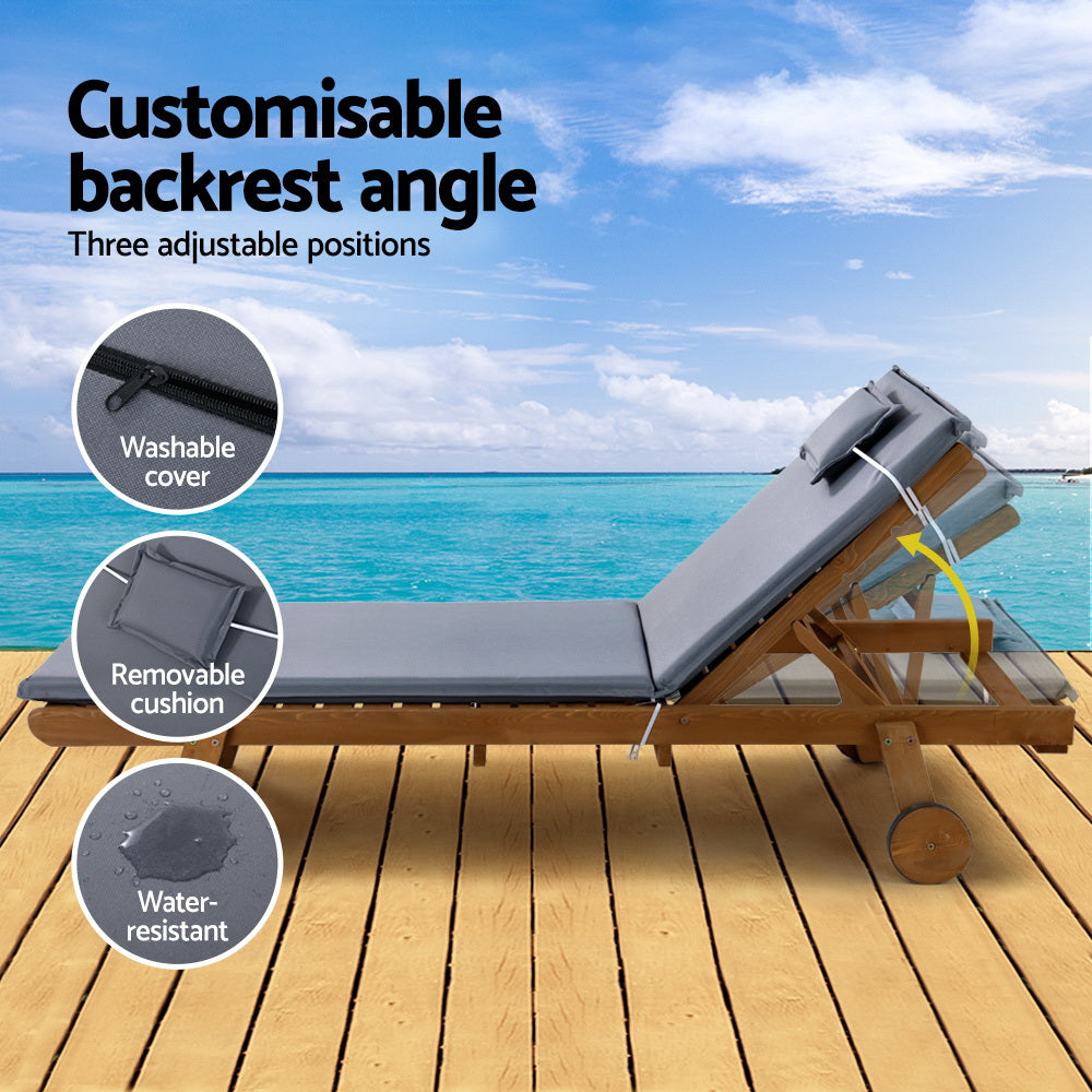 2X Sun Lounge Wooden Lounger Outdoor Furniture Day Bed Wheel Patio Grey
