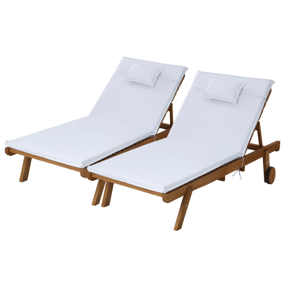 2X Sun Lounge Wooden Lounger Outdoor Furniture Day Bed Wheel Patio White