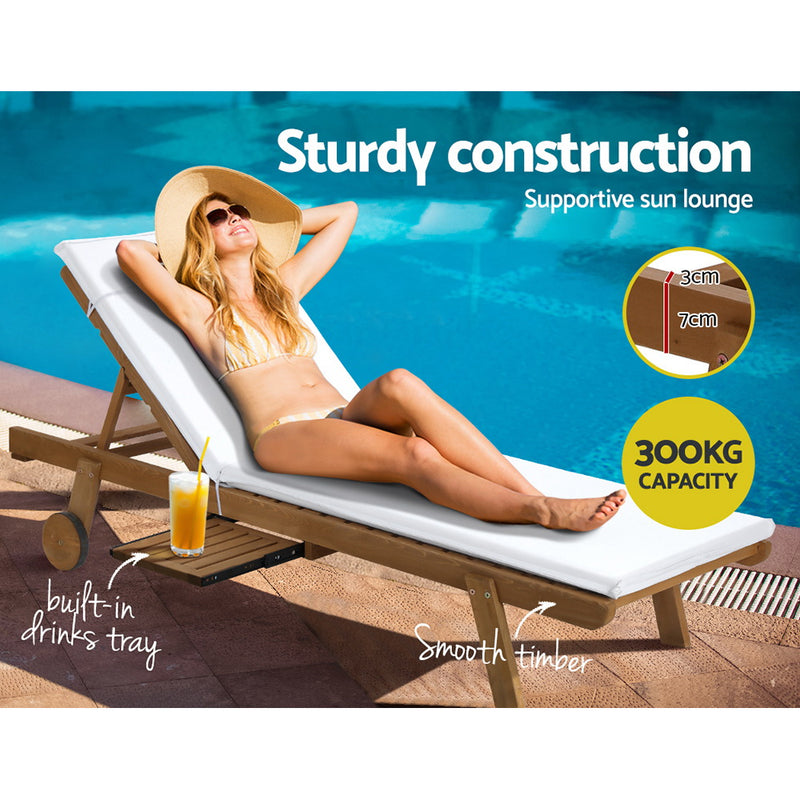 2X Sun Lounge Wooden Lounger Outdoor Furniture Day Bed Wheel Patio White - Outdoor Chairs