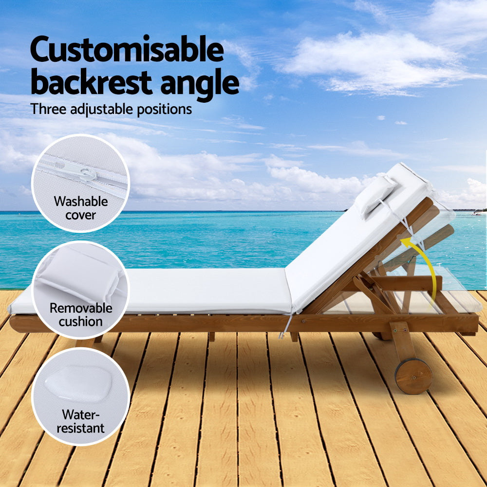 2X Sun Lounge Wooden Lounger Outdoor Furniture Day Bed Wheel Patio White