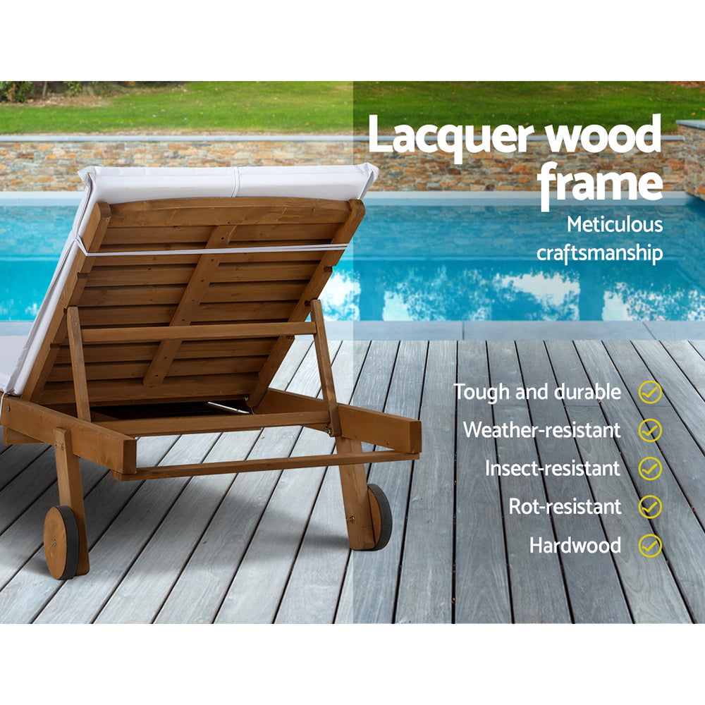 2X Sun Lounge Wooden Lounger Outdoor Furniture Day Bed Wheel Patio White