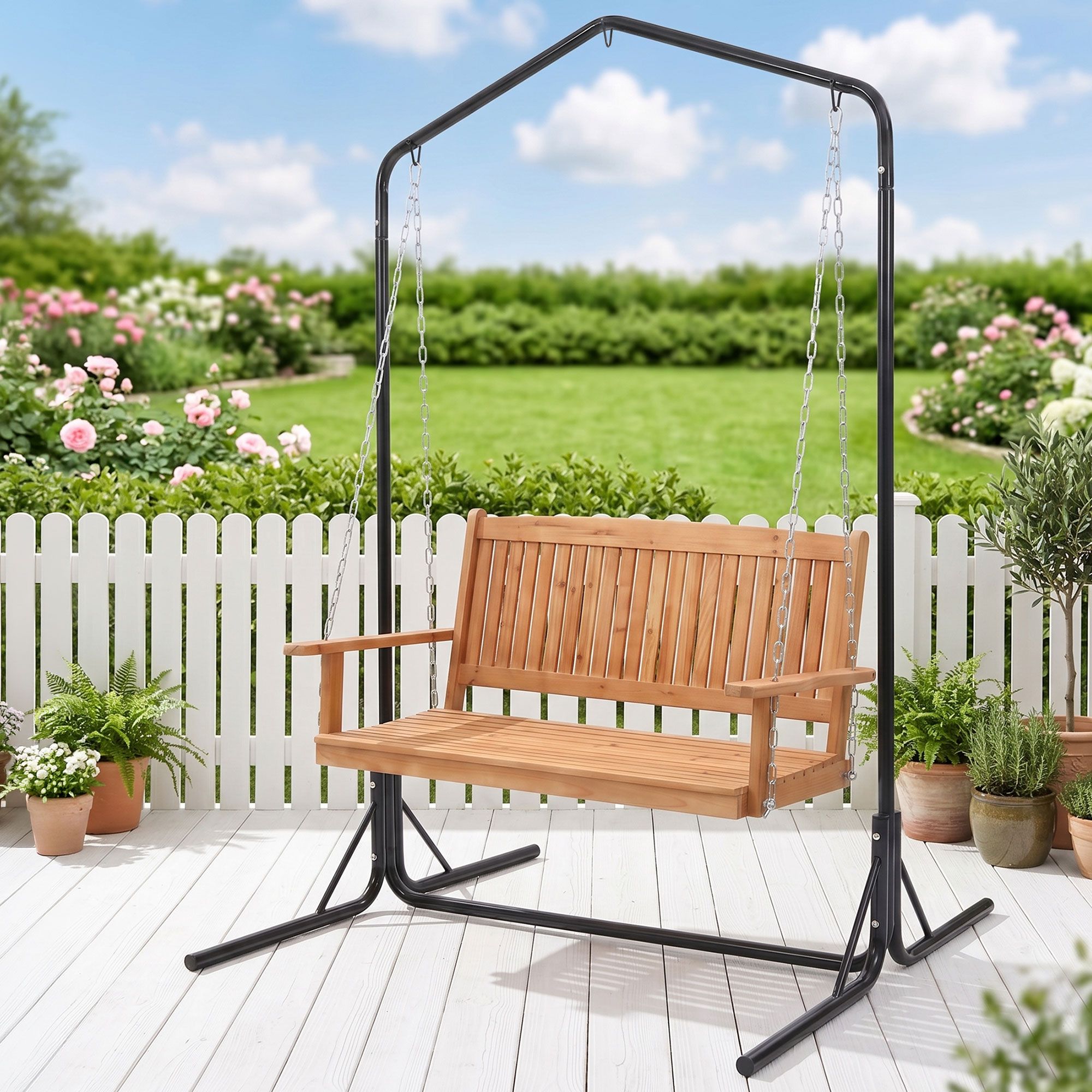 2-Seater Wooden Outdoor Swing Chair Stand | Simpledeals