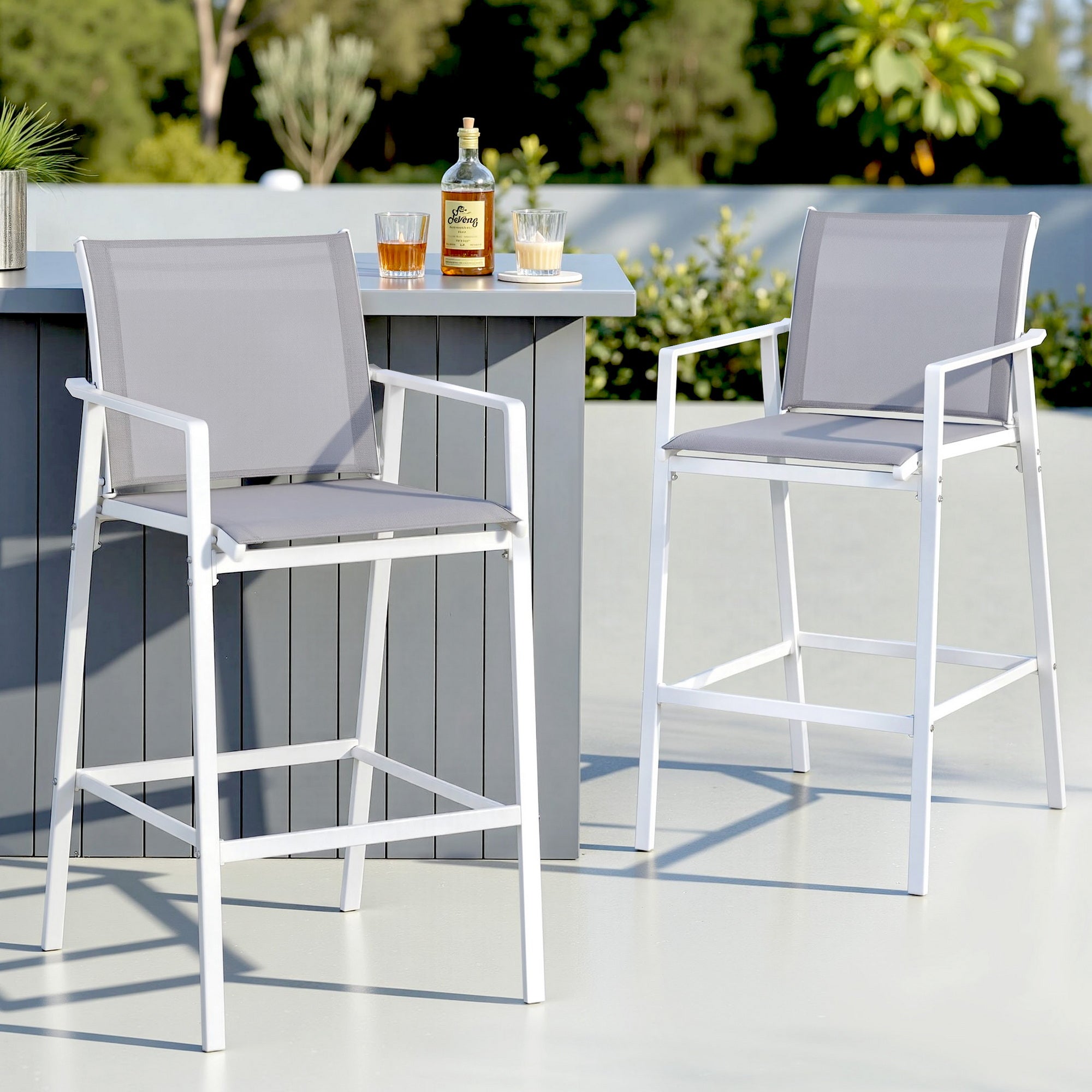 2PC Outdoor Bar Stools Patio Dining Chairs Steel Textilene Weatherproof