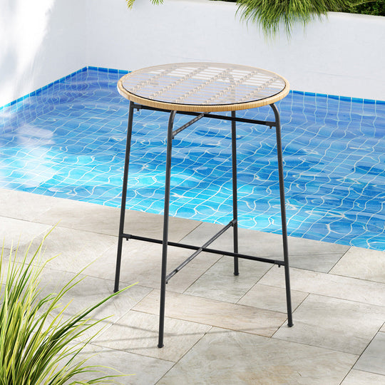 Outdoor Bar Table Wicker Dining Bistro Patio Balcony Glass Table Steel | Glass finish