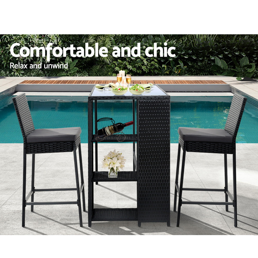 3-Piece Outdoor Bar Set Wicker Patio Table & Stools