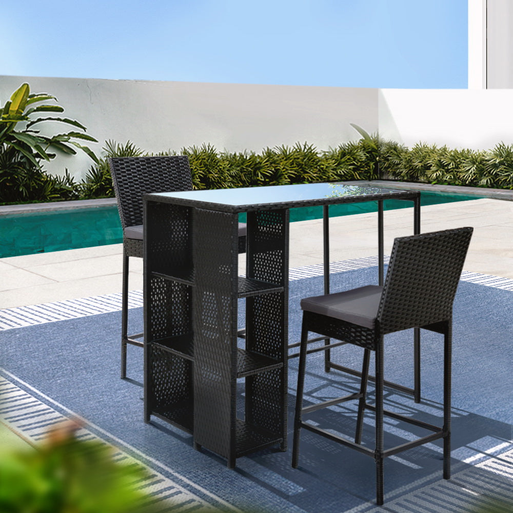3-Piece Outdoor Bar Set Wicker Patio Table & Stools