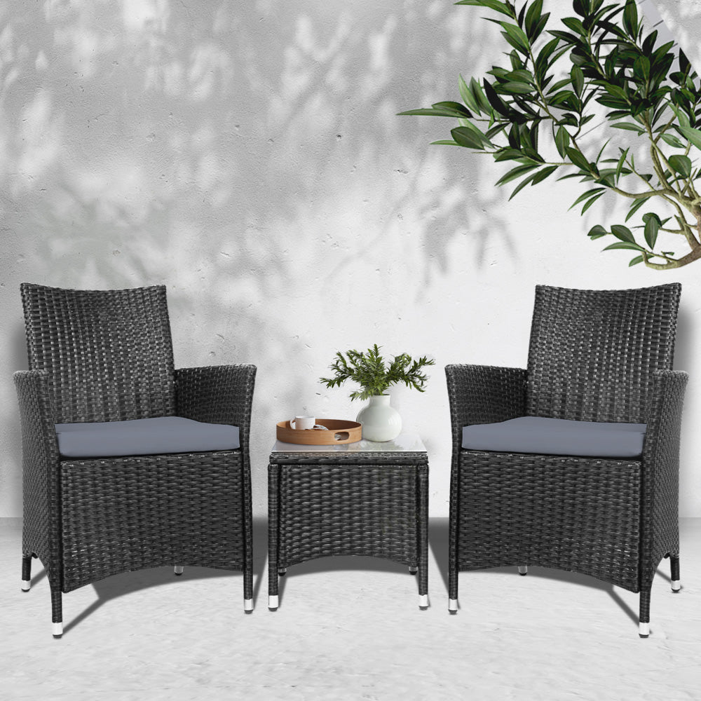3 Piece Wicker Outdoor Furniture Set - Black