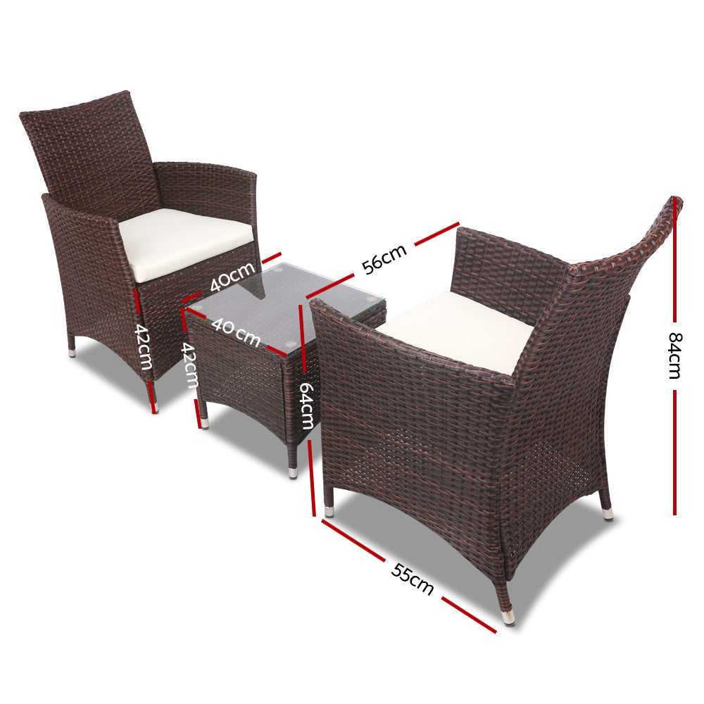 3Pc Outdoor Bistro Set Patio Furniture Wicker Setting Chairs Table Cushion Brown