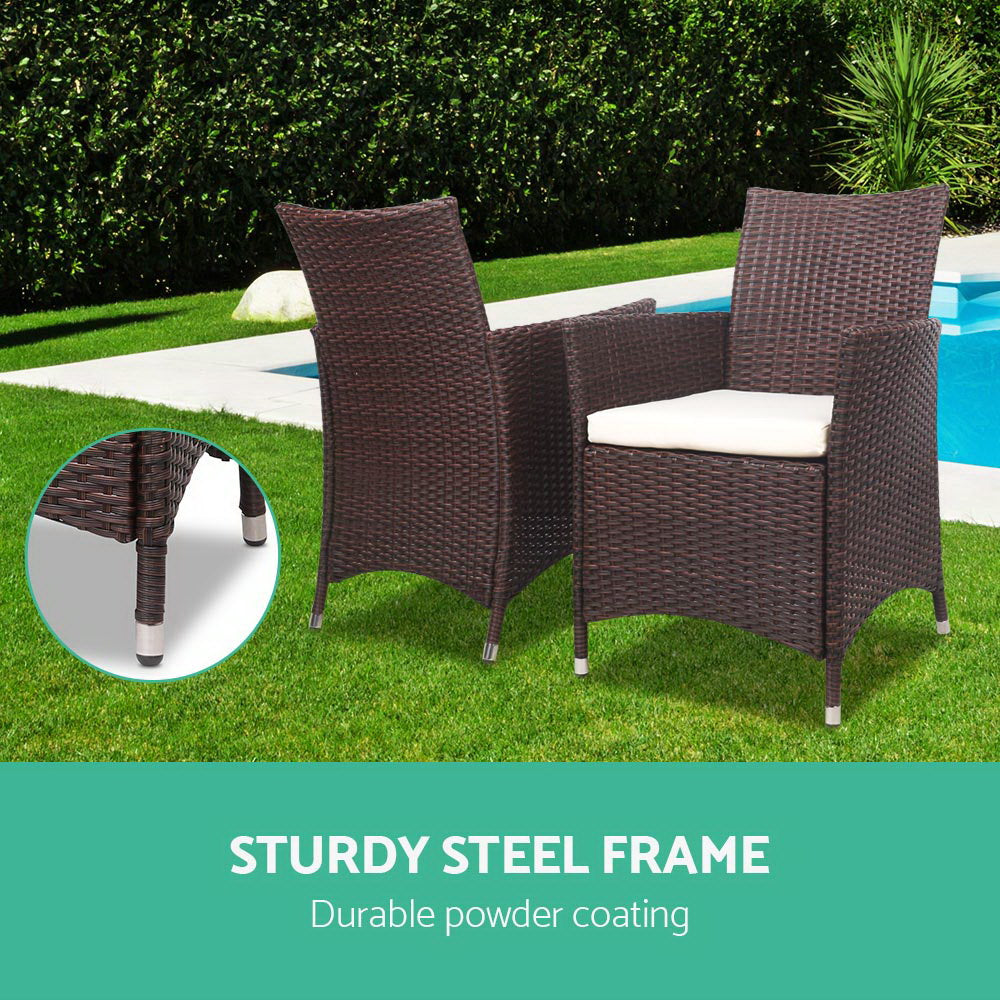 3Pc Outdoor Bistro Set Patio Furniture Wicker Setting Chairs Table Cushion Brown