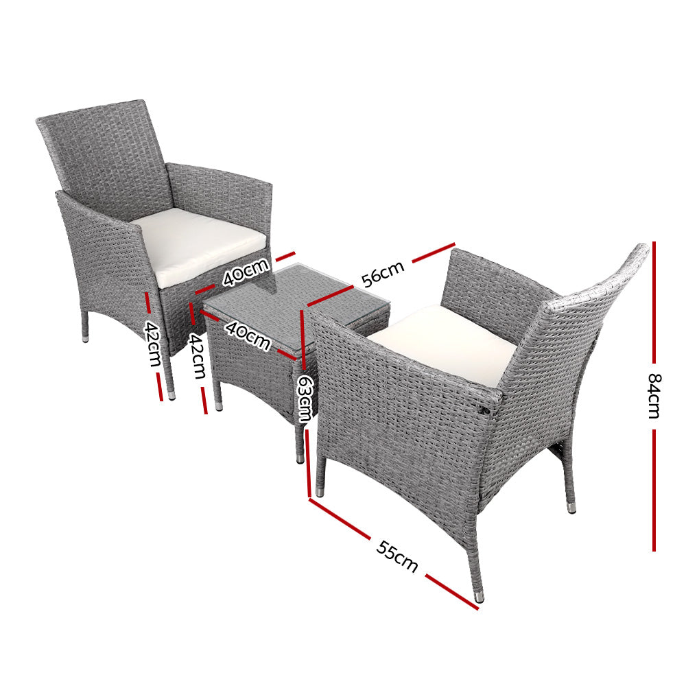3Pc Outdoor Bistro Set Patio Furniture Wicker Setting Chairs Table Cushion Grey