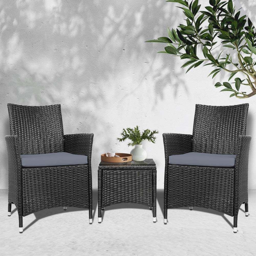 3PC Outdoor Bistro Set Wicker Patio Furniture Chairs Table Cushions Black