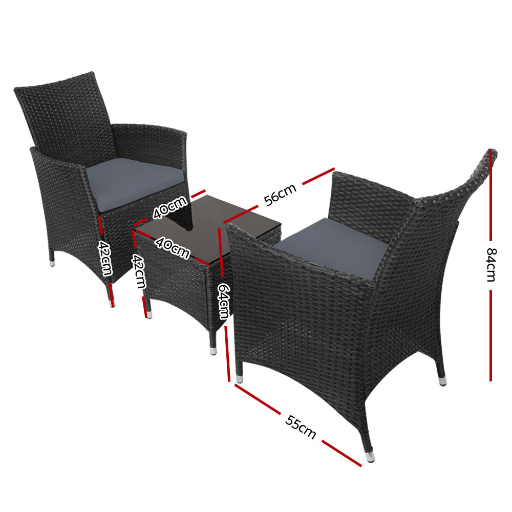 3PC Outdoor Bistro Set Wicker Patio Furniture Chairs Table Cushions Black