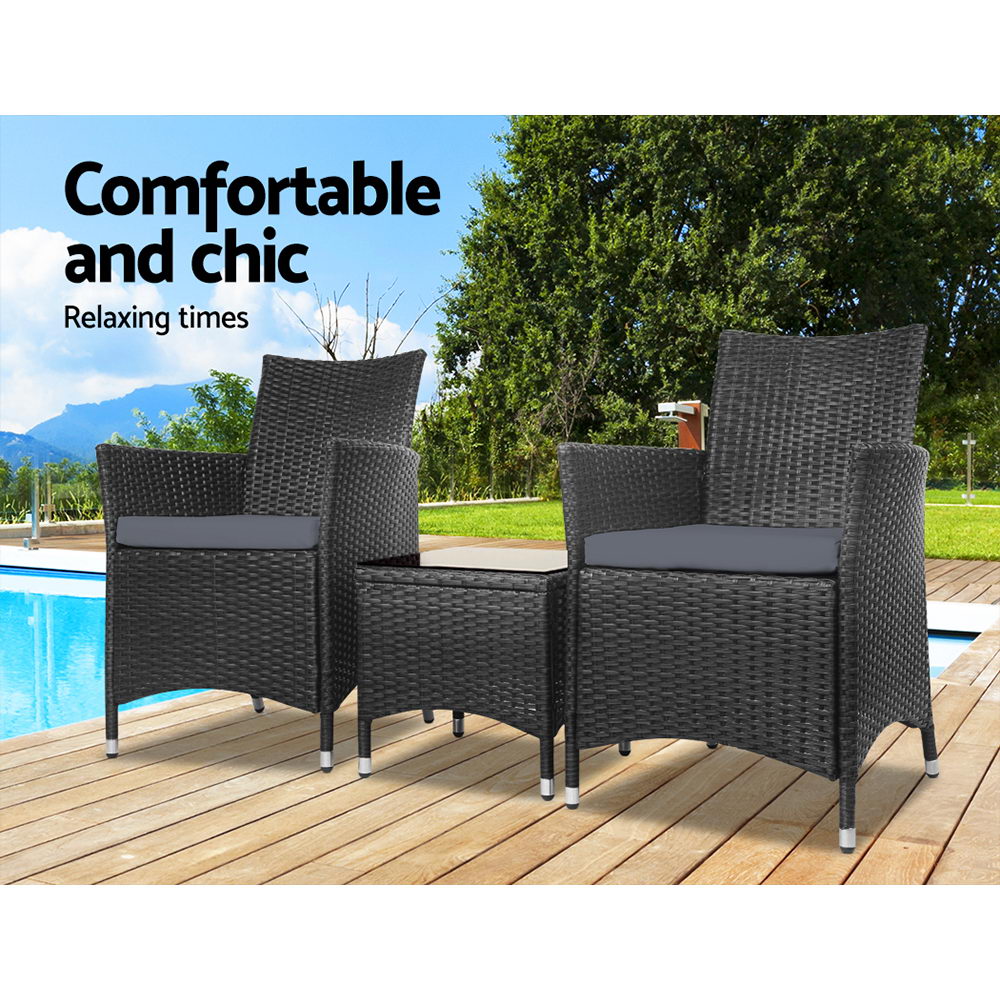 3PC Outdoor Bistro Set Wicker Patio Furniture Chairs Table Cushions Black