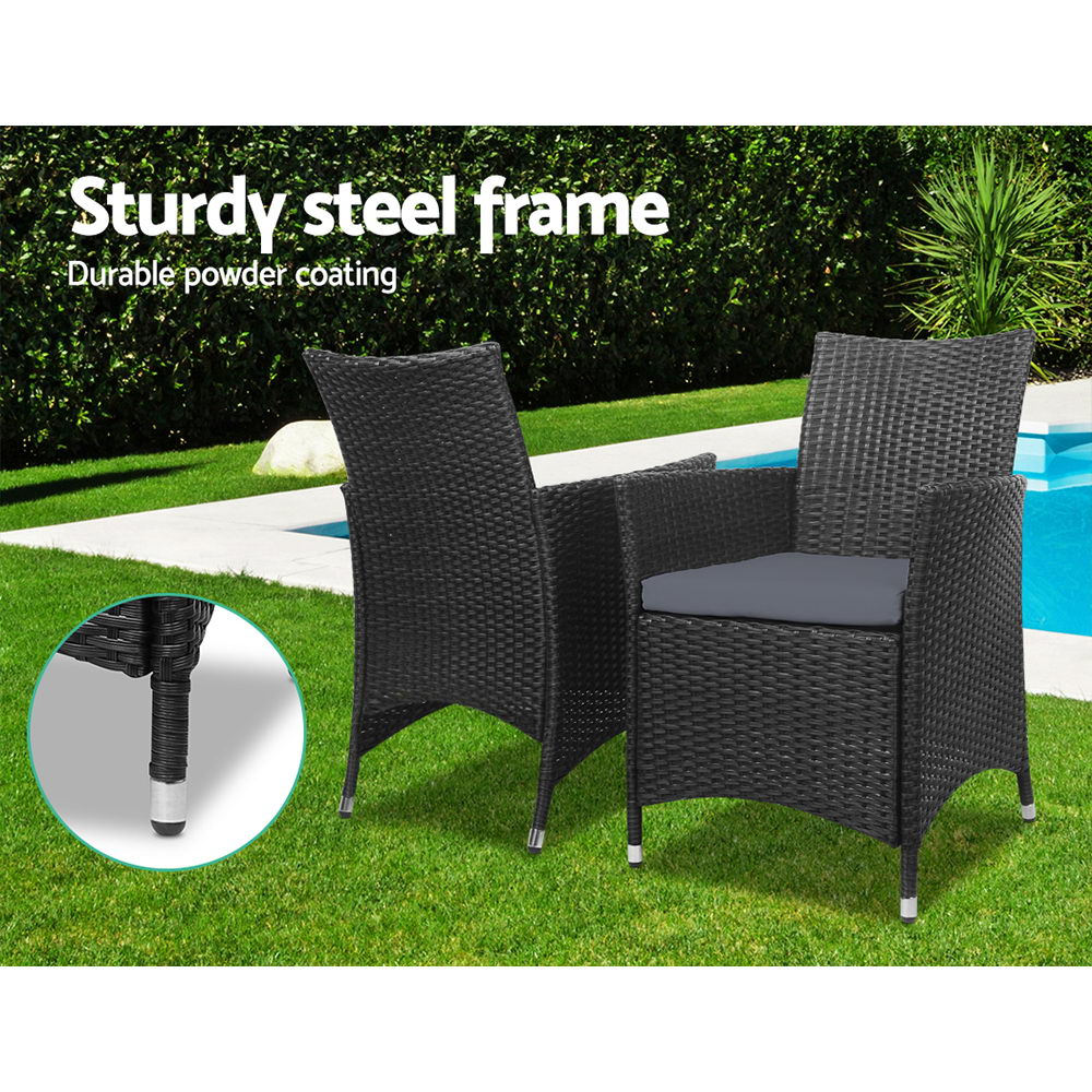 3PC Outdoor Bistro Set Wicker Patio Furniture Chairs Table Cushions Black