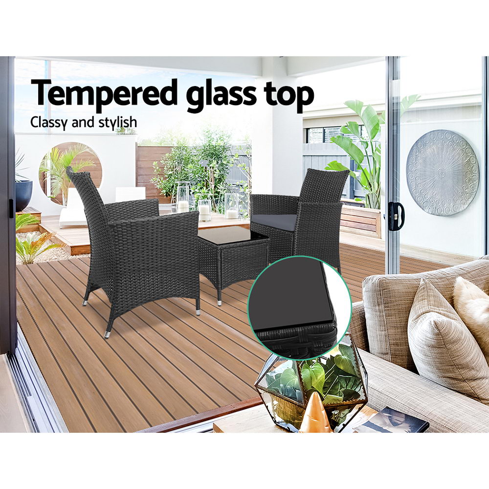 3PC Outdoor Bistro Set Wicker Patio Furniture Chairs Table Cushions Black