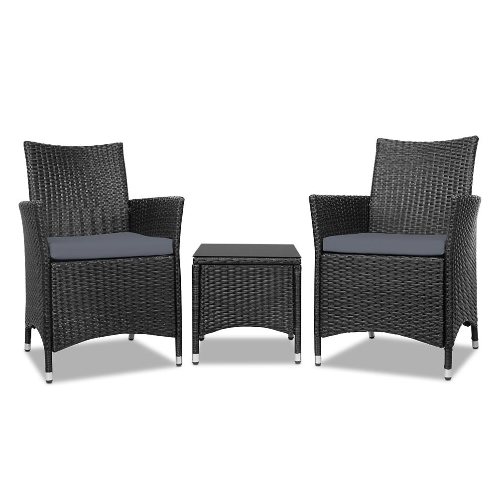 3PC Outdoor Bistro Set Wicker Patio Furniture Chairs Table Cushions Black