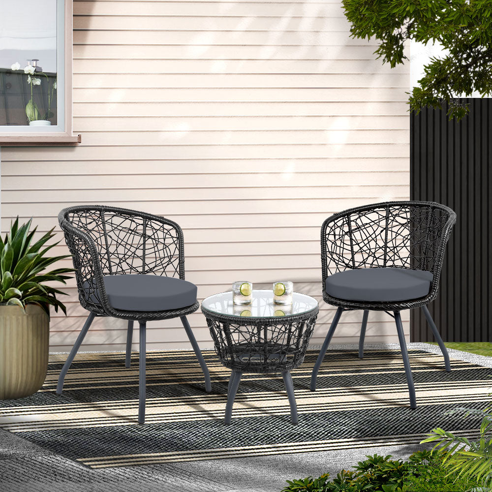 3Pc Bistro Set Outdoor Furniture Rattan Table Chairs Patio Garden Cushion Black