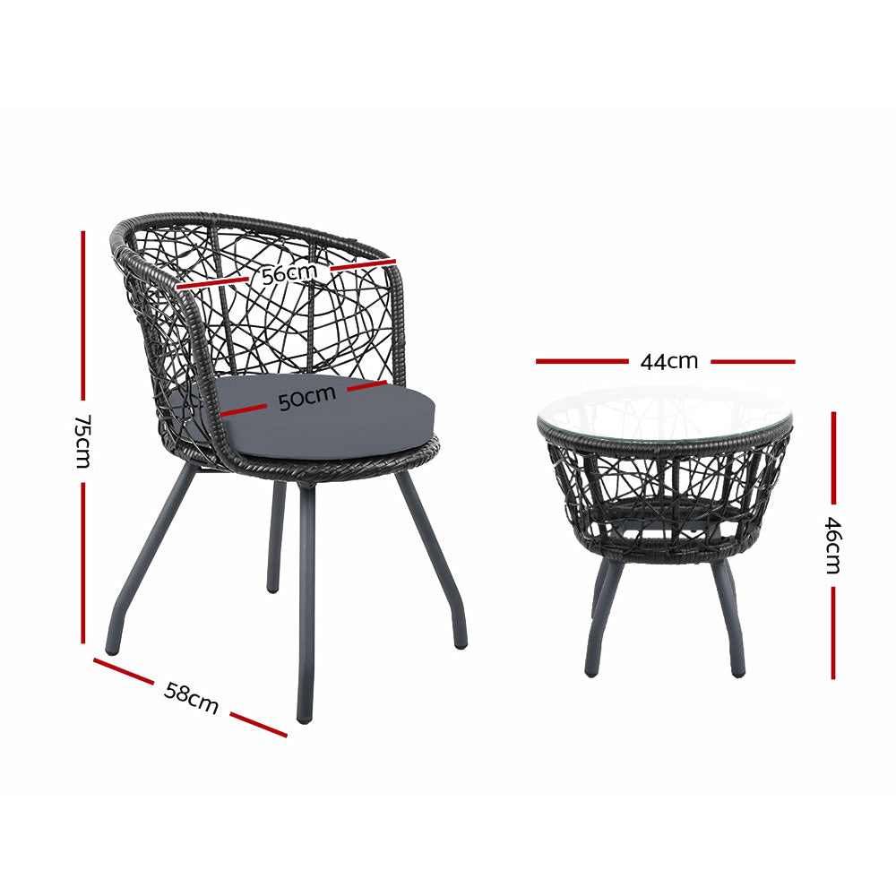 3Pc Bistro Set Outdoor Furniture Rattan Table Chairs Patio Garden Cushion Black