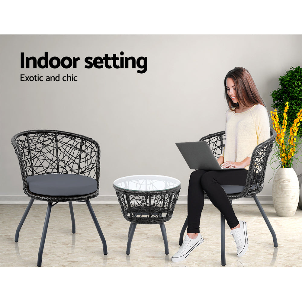 3Pc Bistro Set Outdoor Furniture Rattan Table Chairs Patio Garden Cushion Black