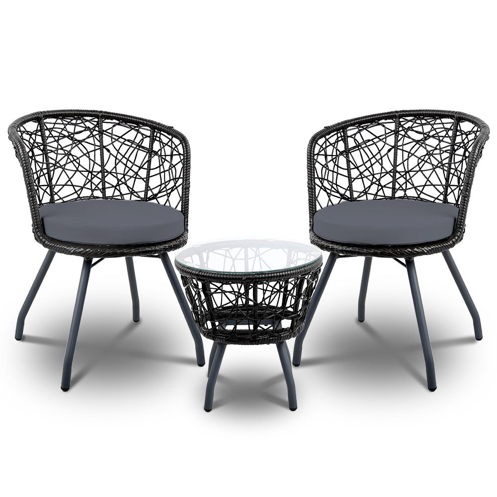 3Pc Bistro Set Outdoor Furniture Rattan Table Chairs Patio Garden Cushion Black