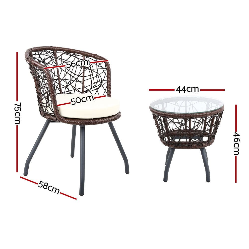 3Pc Bistro Set Outdoor Furniture Rattan Table Chairs Patio Garden Cushion Brown | Gardeon Chair Odf Round