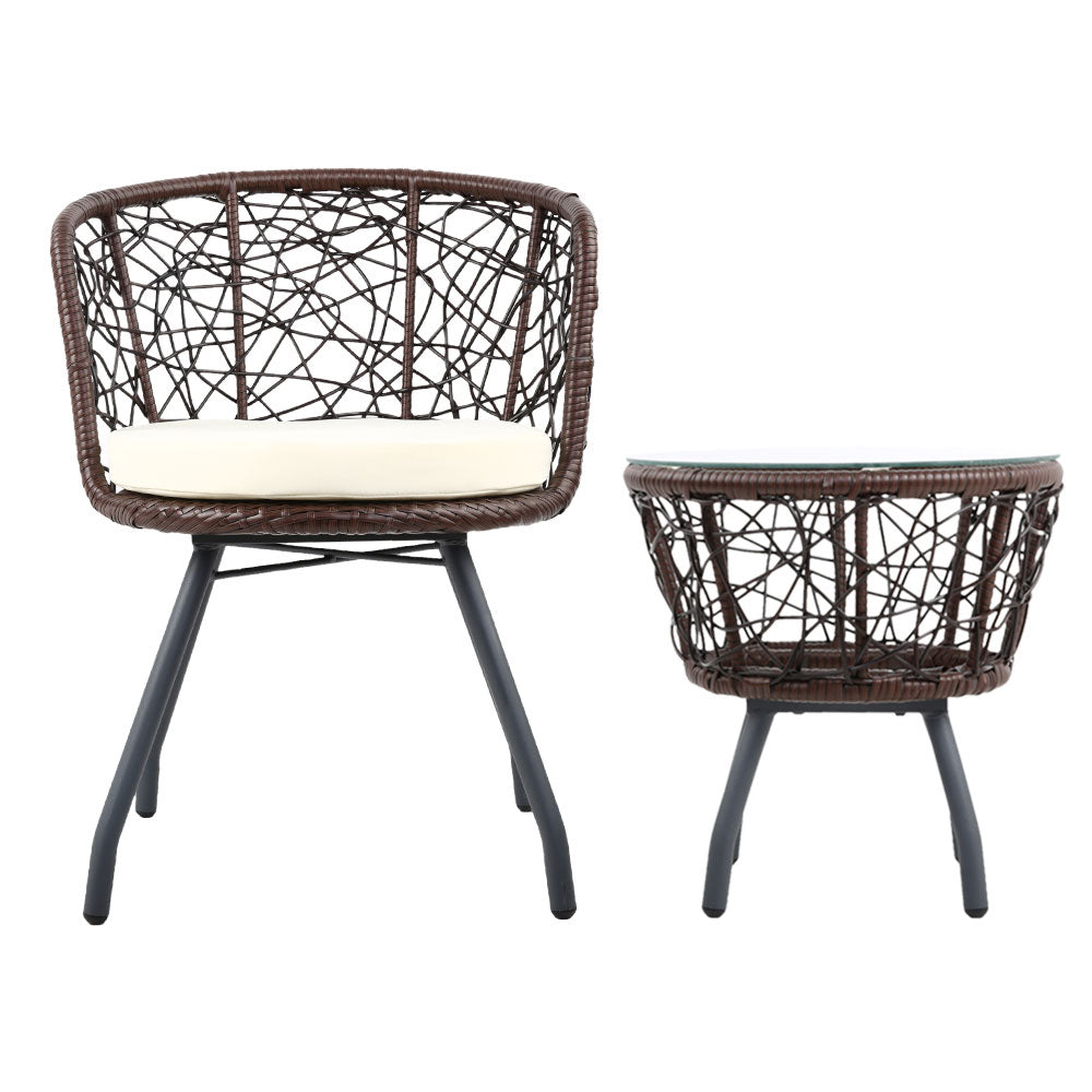 Rattan finish - 3Pc Bistro Set Outdoor Furniture Rattan Table Chairs Patio Garden Cushion Brown