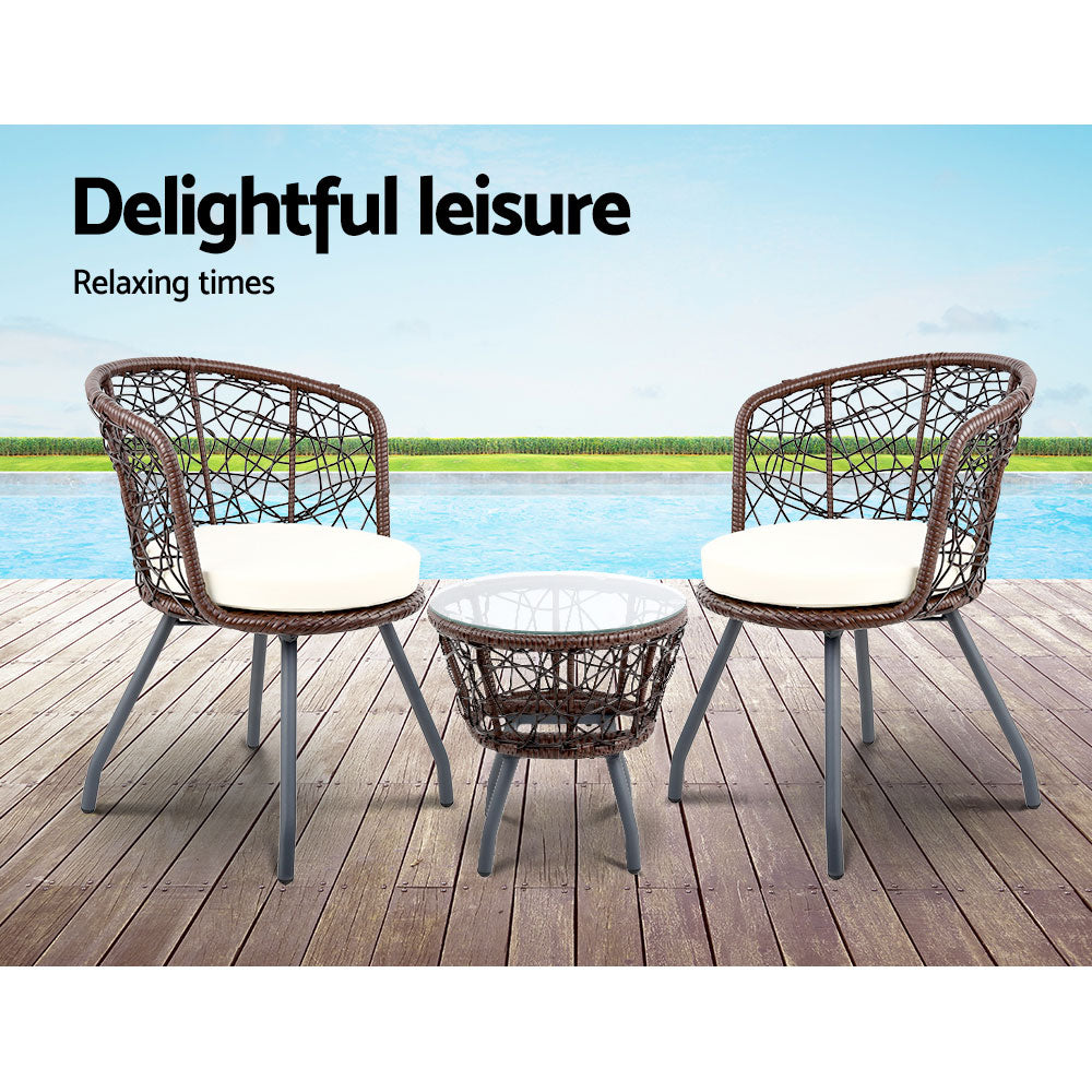 3Pc Bistro Set Outdoor Furniture Rattan Table Chairs Patio Garden Cushion Brown | Brown colour