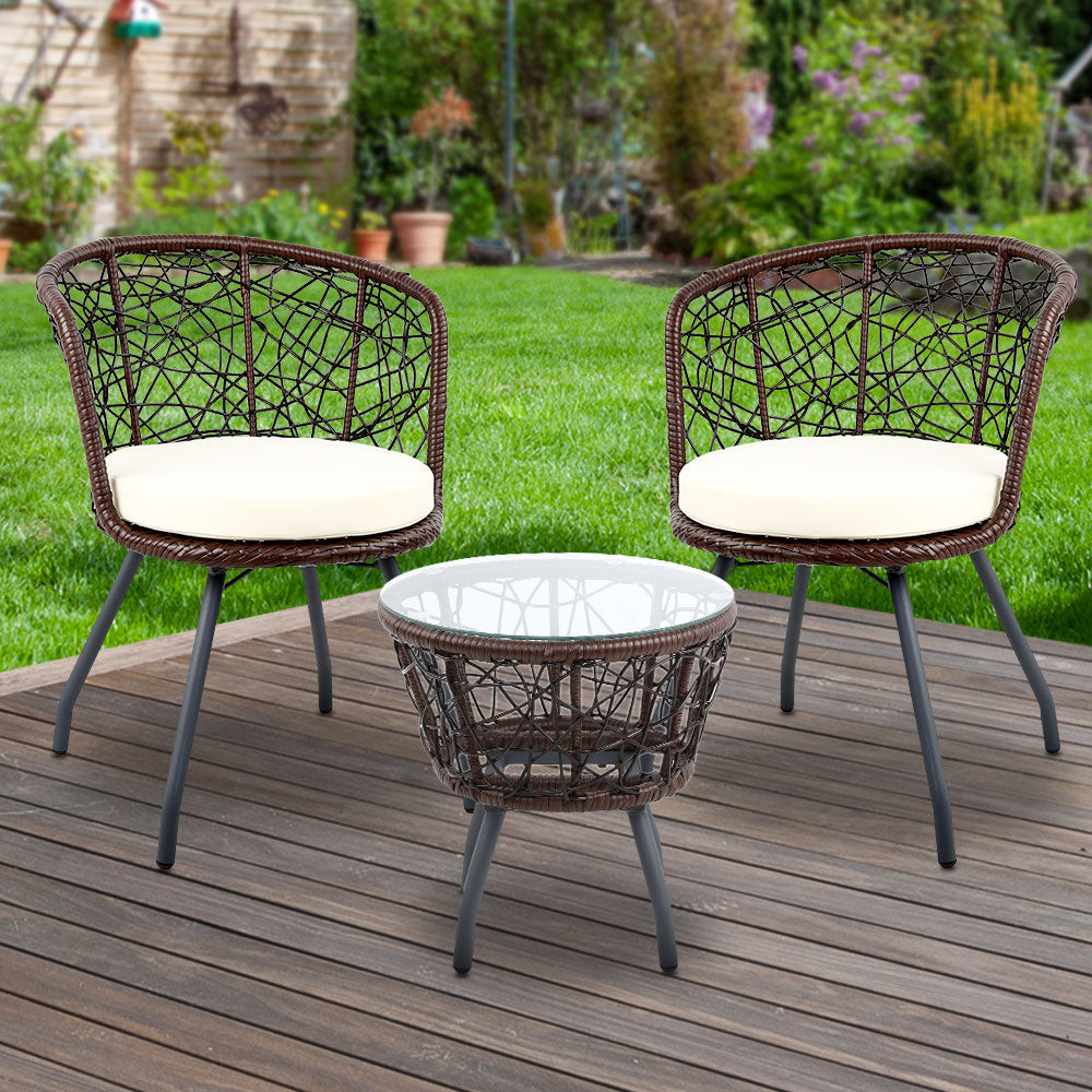 3Pc Bistro Set Outdoor Furniture Rattan Table Chairs Patio Garden Cushion Brown, Rattan finish