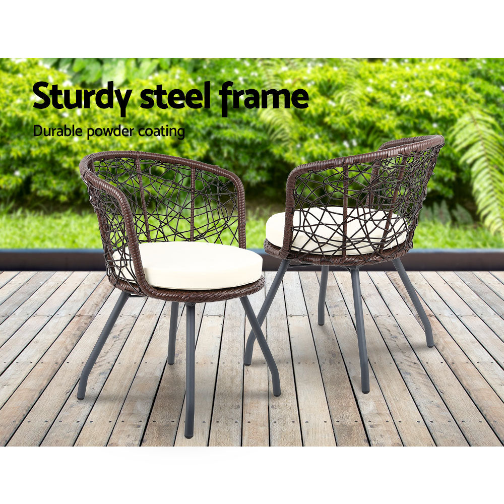 Brown colour - 3Pc Bistro Set Outdoor Furniture Rattan Table Chairs Patio Garden Cushion Brown