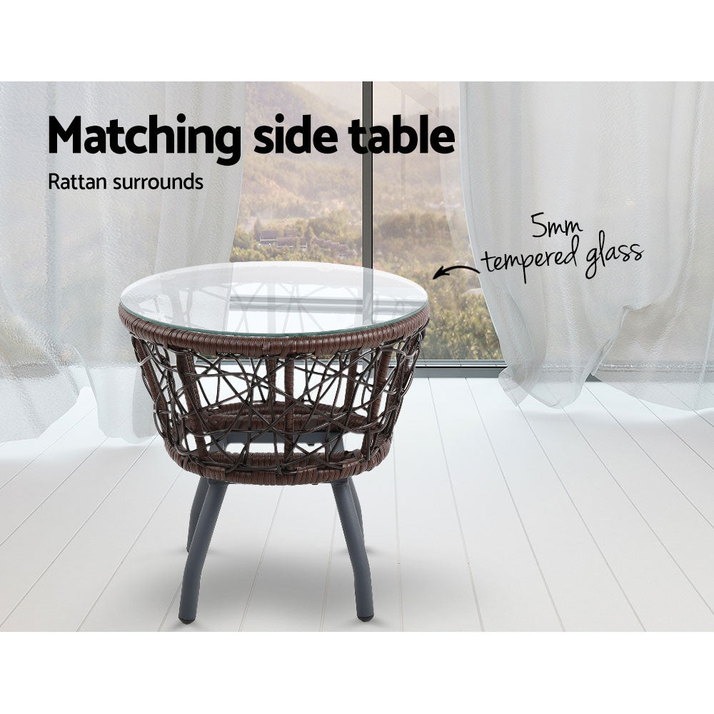 Gardeon Chair Odf Round - 3Pc Bistro Set Outdoor Furniture Rattan Table Chairs Patio Garden Cushion Brown