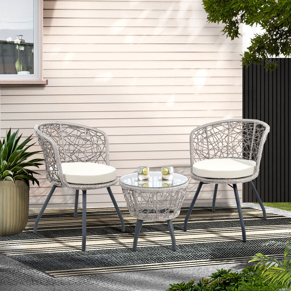 3Pc Bistro Set Outdoor Furniture Rattan Table Chairs Patio Garden Cushion Grey