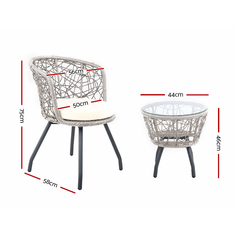 3Pc Bistro Set Outdoor Furniture Rattan Table Chairs Patio Garden Cushion Grey