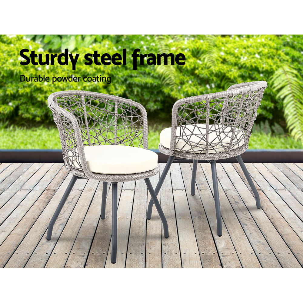 3Pc Bistro Set Outdoor Furniture Rattan Table Chairs Patio Garden Cushion Grey