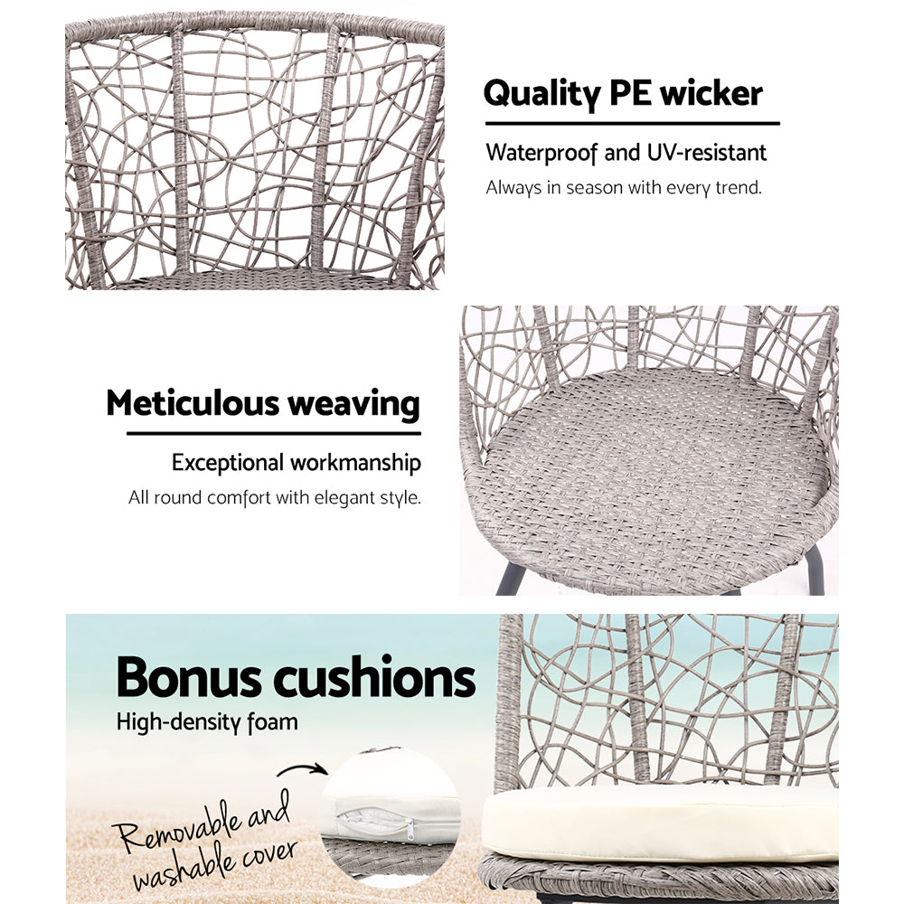 3Pc Bistro Set Outdoor Furniture Rattan Table Chairs Patio Garden Cushion Grey