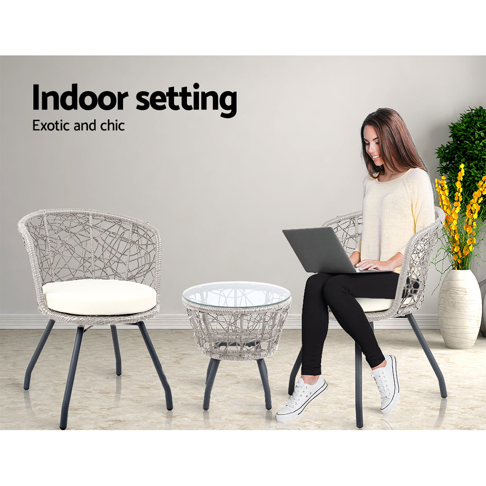 3Pc Bistro Set Outdoor Furniture Rattan Table Chairs Patio Garden Cushion Grey