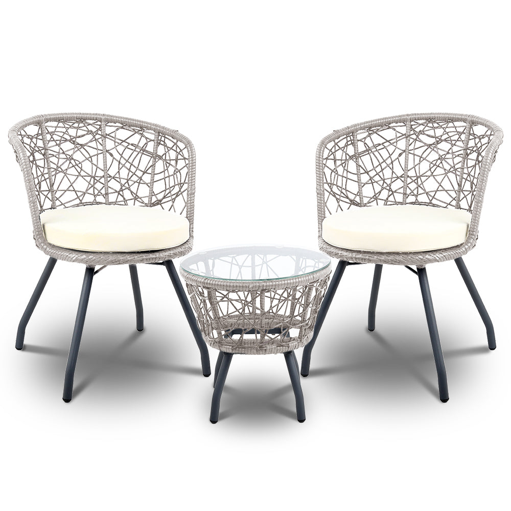 3Pc Bistro Set Outdoor Furniture Rattan Table Chairs Patio Garden Cushion Grey