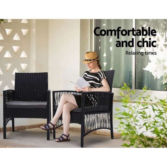 2Pc Outdoor Dining Chairs Patio Furniture Wicker Lounge Chair Garden - Rattan Cushion Black Gardeon