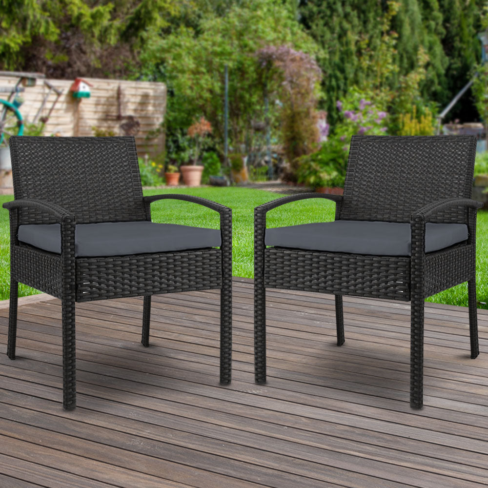 2x Outdoor Dining Chairs Wicker Chair Patio Garden Furniture Lounge Setting Bistro Set Cushion Black