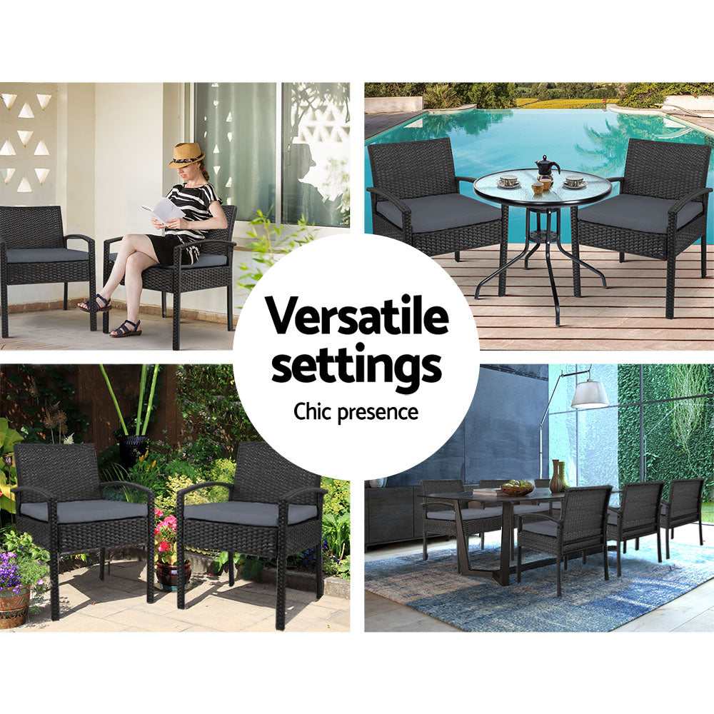 2x Outdoor Dining Chairs Wicker Chair Patio Garden Furniture Lounge Setting Bistro Set Cushion Black