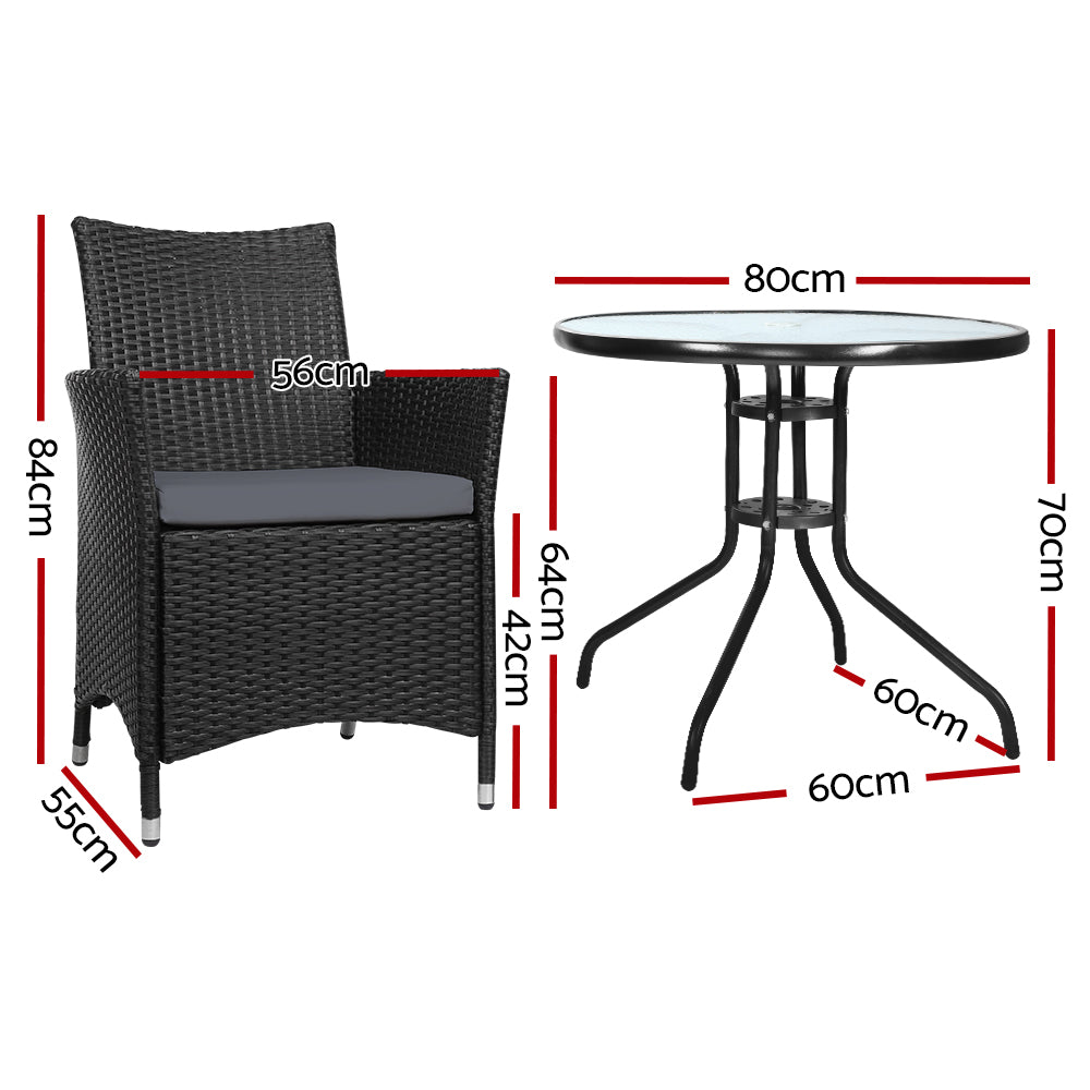 3Pc Bistro Set Outdoor Furniture Rattan Table Chairs Cushion Patio Garden Idris