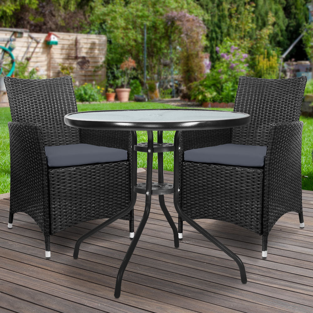 3Pc Bistro Set Outdoor Furniture Rattan Table Chairs Cushion Patio Garden Idris