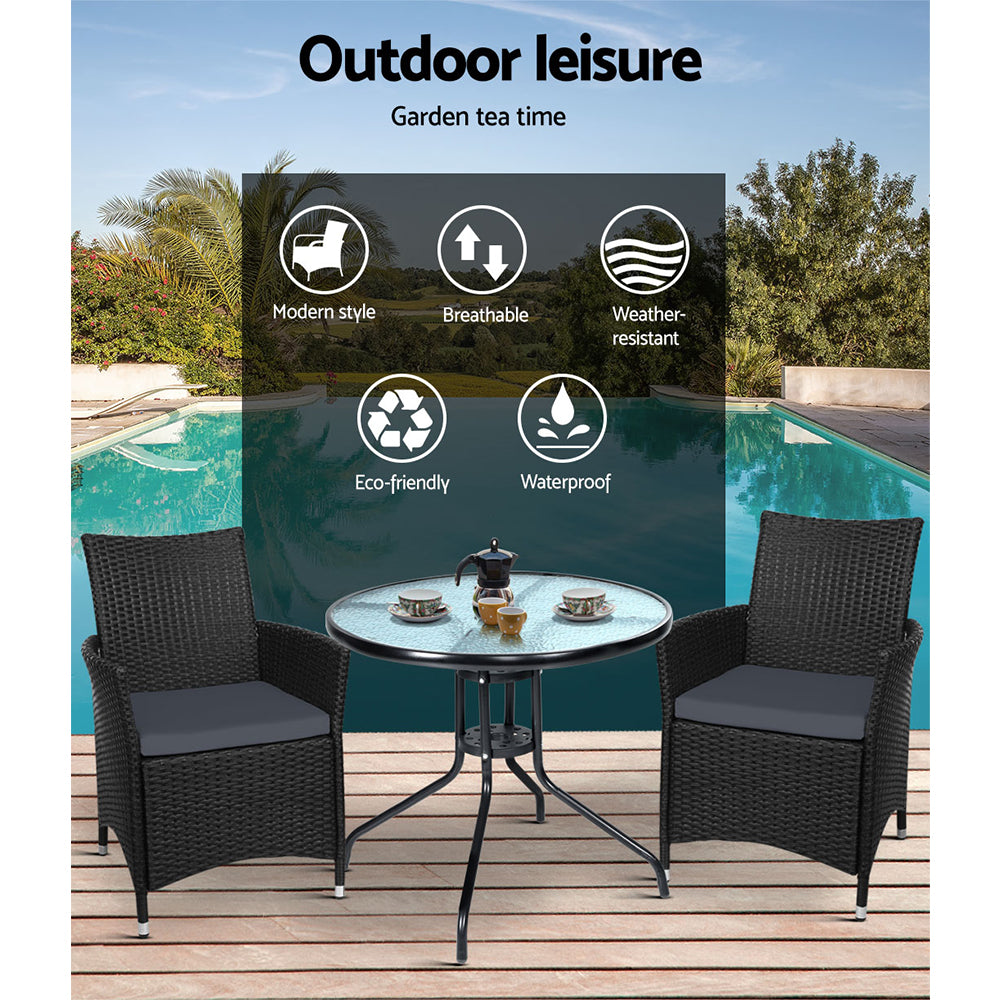 3Pc Bistro Set Outdoor Furniture Rattan Table Chairs Cushion Patio Garden Idris