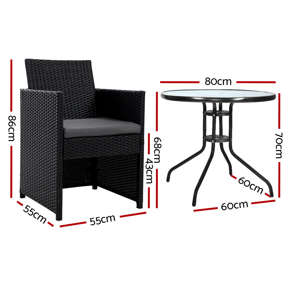 3Pc Bistro Set Outdoor Furniture Rattan Table Chairs Cushion Patio Garden Hugo
