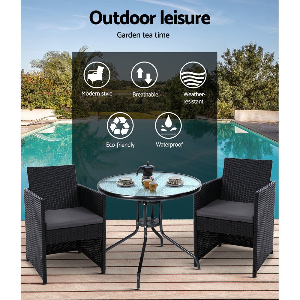 3Pc Bistro Set Outdoor Furniture Rattan Table Chairs Cushion Patio Garden Hugo