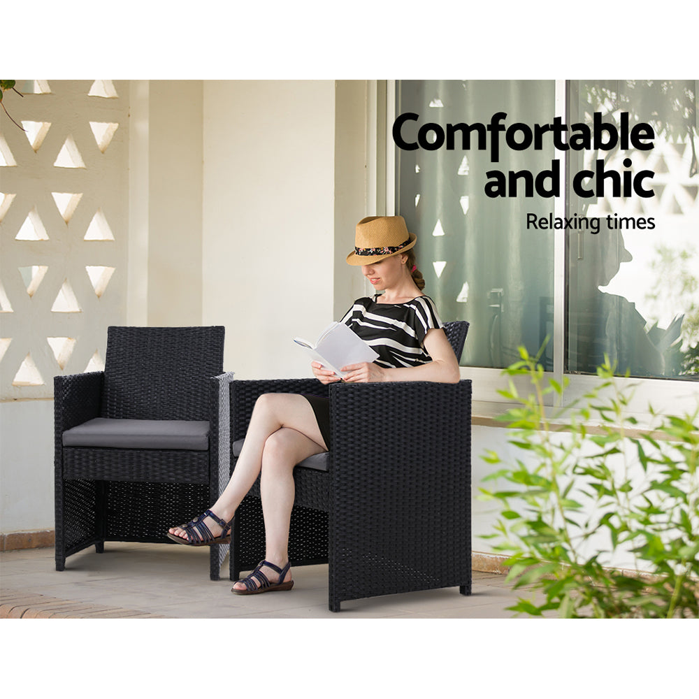 3Pc Bistro Set Outdoor Furniture Rattan Table Chairs Cushion Patio Garden Hugo