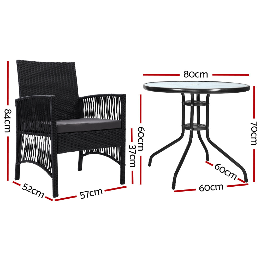3Pc Bistro Set Outdoor Furniture Rattan Table Chairs Cushion Patio Garden Lyra