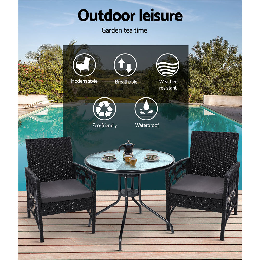 3Pc Bistro Set Outdoor Furniture Rattan Table Chairs Cushion Patio Garden Lyra