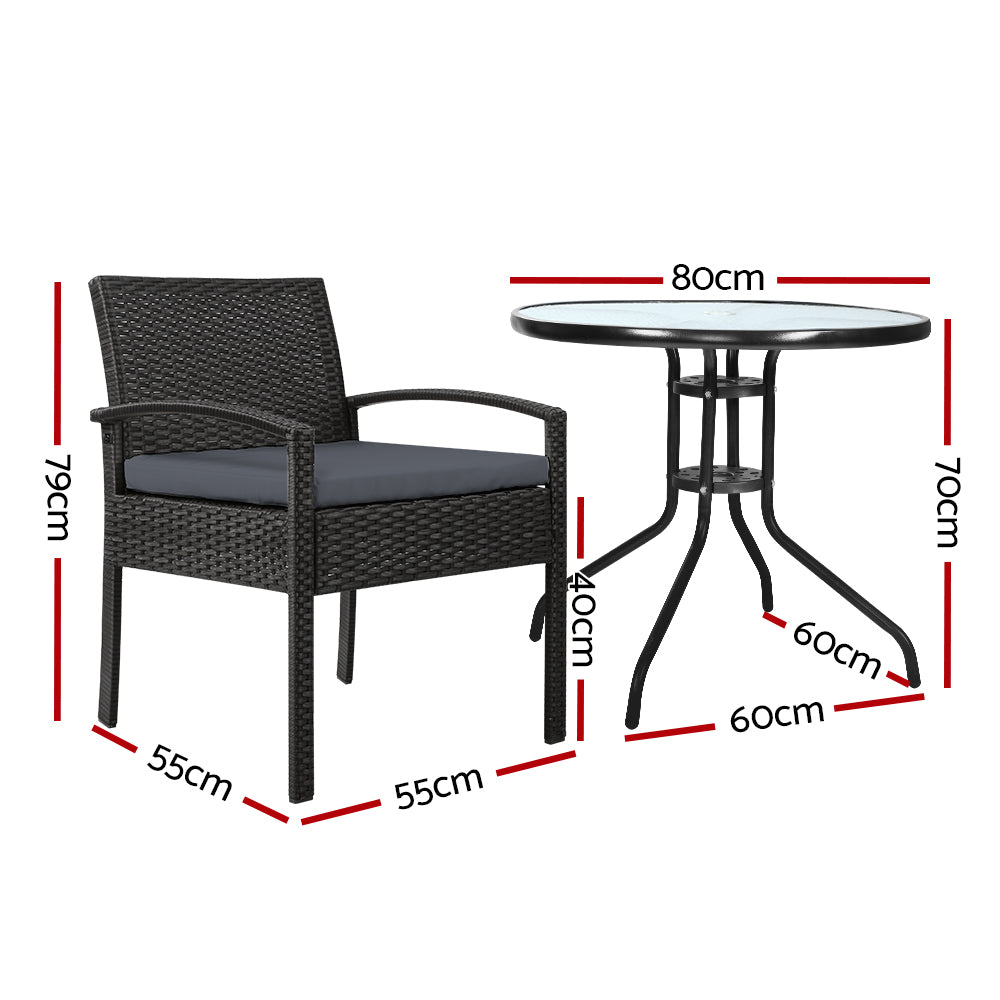 Outdoor Furniture Dining Chairs Wicker Garden Patio Cushion Black 3PCS Sofa Set Tea Coffee Cafe Bar Set