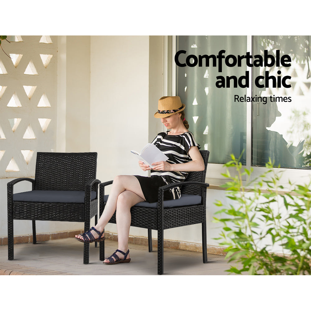 Outdoor Furniture Dining Chairs Wicker Garden Patio Cushion Black 3PCS Sofa Set Tea Coffee Cafe Bar Set