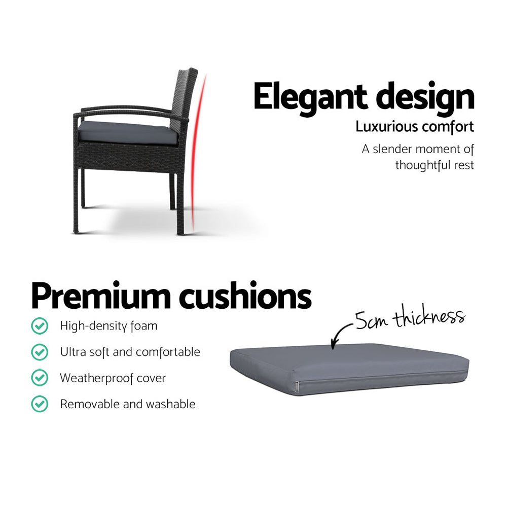 Outdoor Furniture Dining Chairs Wicker Garden Patio Cushion Black 3PCS Sofa Set Tea Coffee Cafe Bar Set